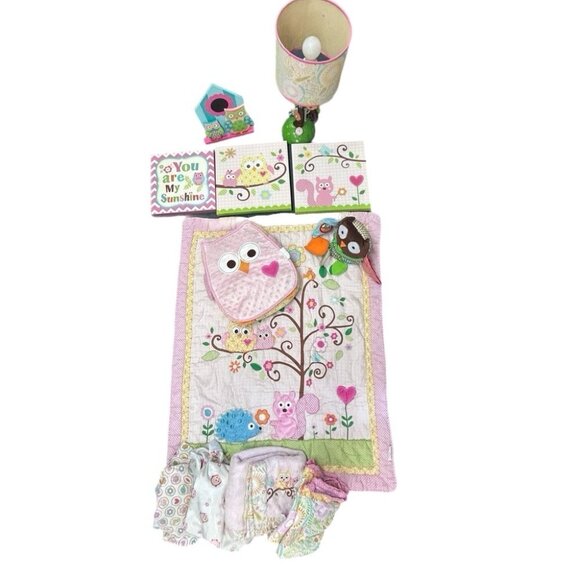 Kidsline Dena Happy Owl Nursery Bedding Set 12 pieces OWL print includes lamp - Picture 1 of 7